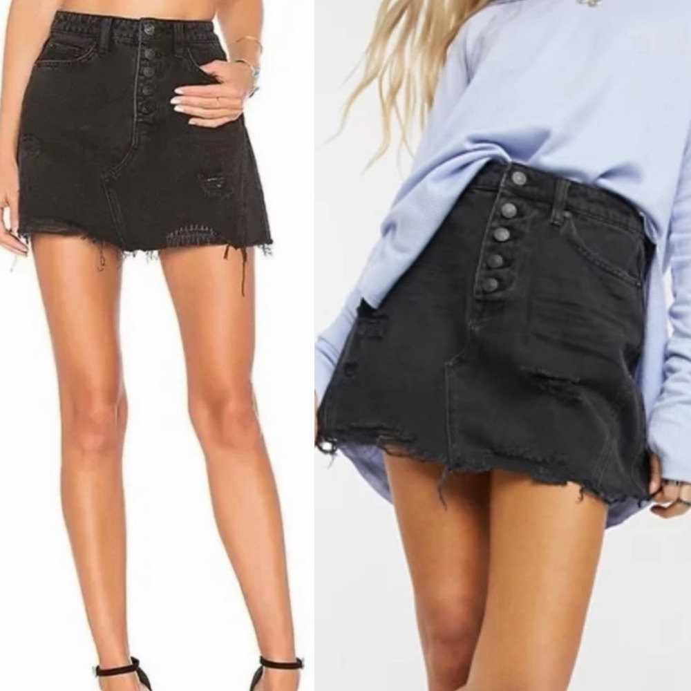 Free People Sz 27 We The Free Mini Skirt Black Distressed Button Fly Bohemian‎
